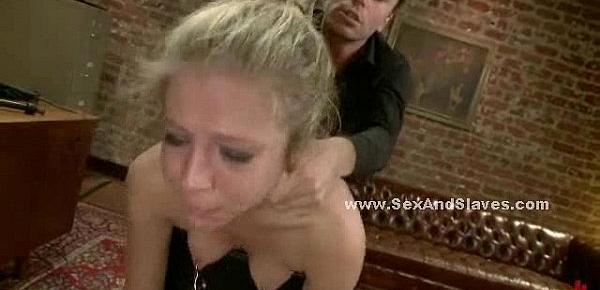  Blonde sex slave gets brutally fucked in her damp cunt while being tied up